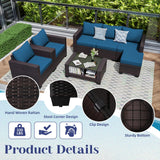 KIGOTY Patio Furniture Set 7 Pieces Conversation Sets, Outdoor Sectional Sofa, All-Weather PE Rattan Modular Sofa with Cushions and Glass Coffee Table（Brown/Peacock Blue,C） KIGOTY