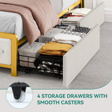 YITAHOME White Upholstered Queen Bed Frame with LED Lights, 4 Storage Drawers, and Charging Station YITAHOME