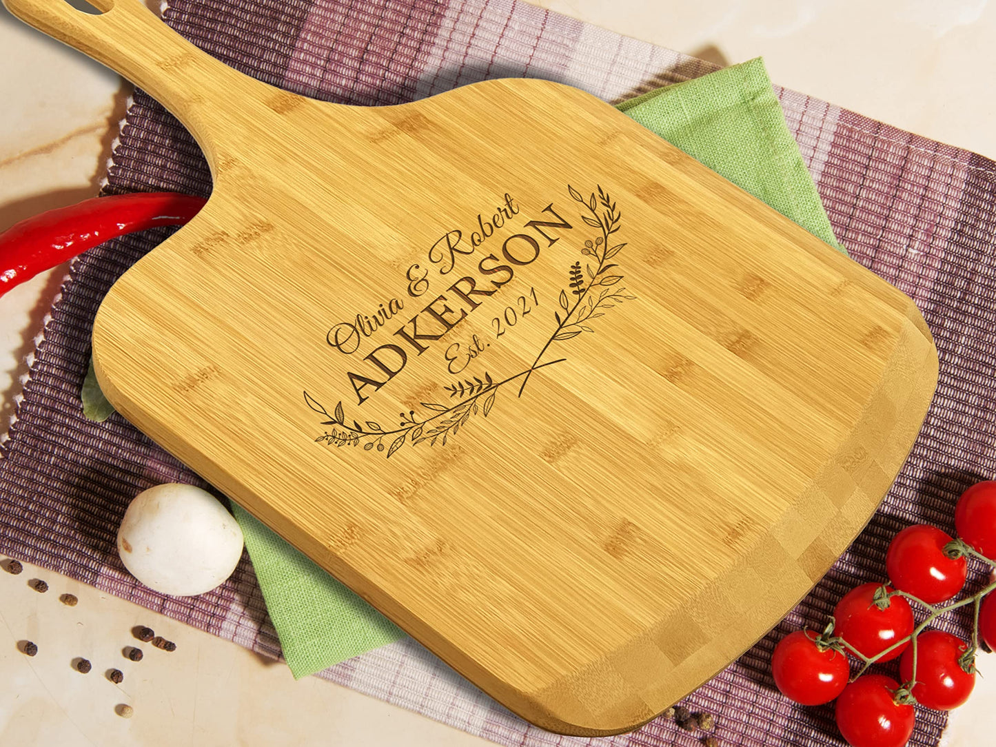 Personalized Bamboo Pizza Board with Handle Customized Wood Serving Cutting Pizza Board with Engraved Custom Name Monogram – Wedding, Anniversary, Housewarming, Birthday, Mom, Dad Gift - WoodArtSupply