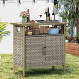 DWVO Patio Storage Cabinet, Outdoor Buffet Cabinet with Two Doors and Shelves, Outdoor Storage Table with PE Rattan for Patio, Backyard, Garden - Light Brown DWVO