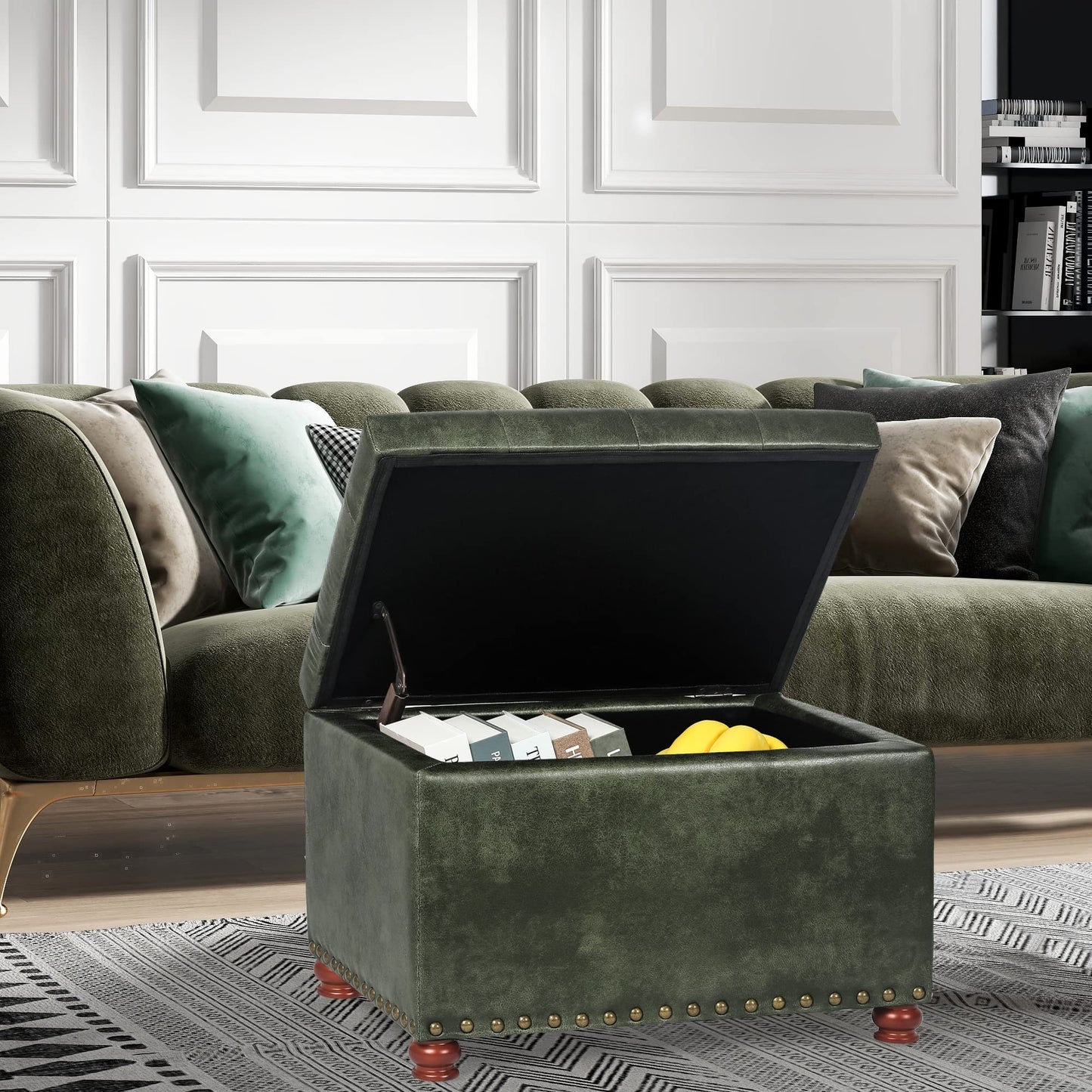 Joveco Storage Ottoman Rectangular Tufted Upholstered Ottomans with Rivet, Footrest Footstool Seat with Wood Legs for Living Room Bedroom (Black Green)