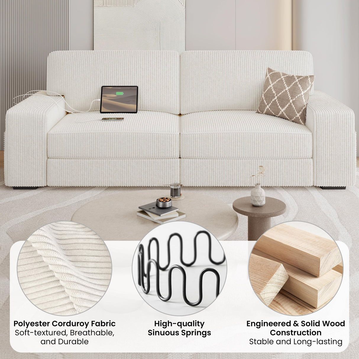 Yaheetech Modern Sofa 2-Seater Corduroy Fabric Sofa Couch with Removable Cover, USB Charging Ports & Side Storage Pockets for Apartment Living Room, Ivory Yaheetech