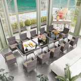 RTDTD 15 Pieces Patio Dining Set Outdoor Rattan Furniture Dinning Set with 3 Square Glass Tabletops 12 Chairs with Brown Cushions for Patio, Backyard Outdoor Kitchen Lawn & Garden RTDTD