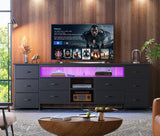 Huuger 70.9 Inch LED TV Stand Dresser with Power Outlets, USB-C Port and LED Lights, 10 Fabric Drawer Dresser for Bedroom, Long Entertainment Center for 75, 80 Inch TV, Open Shelves, PU Leather, Black Huuger