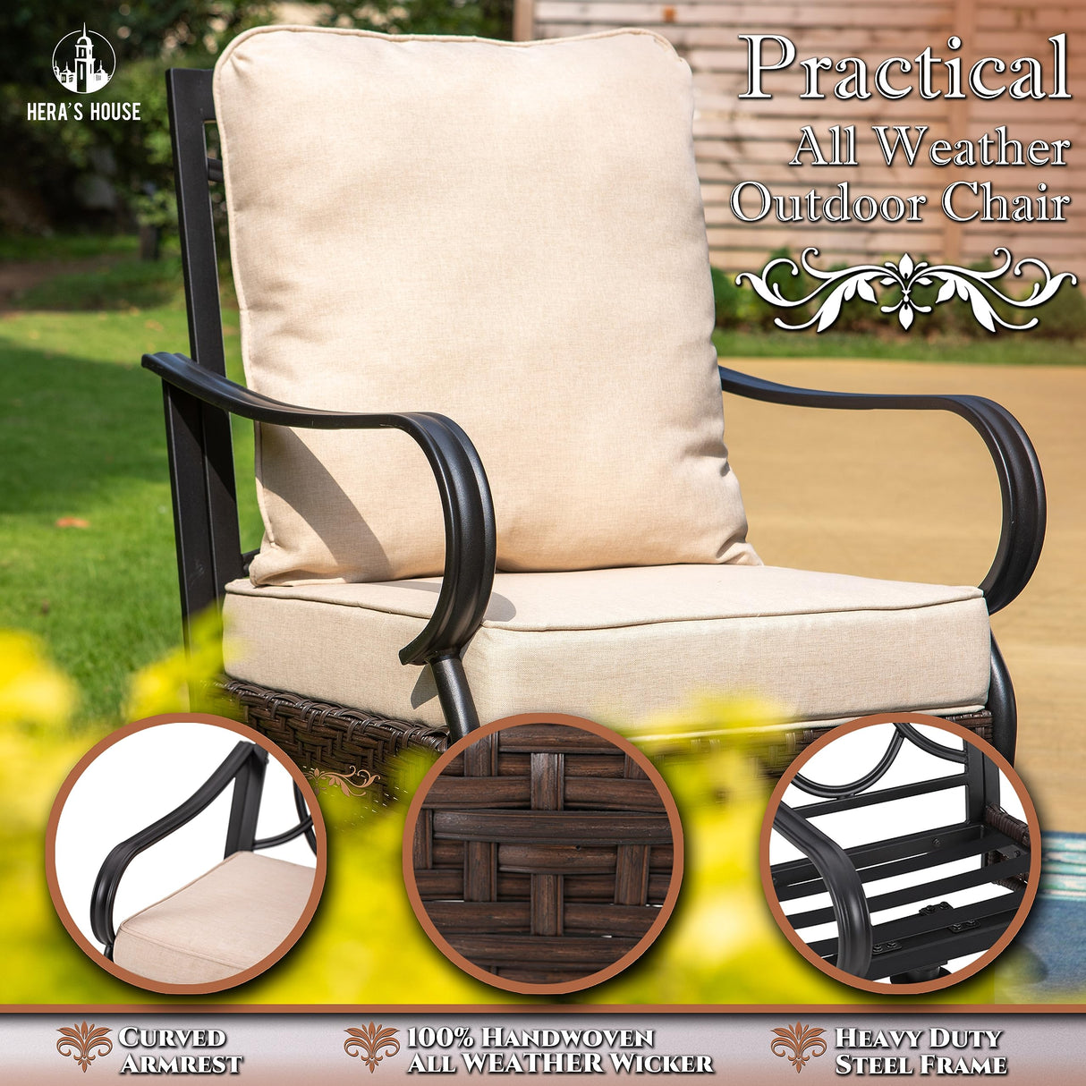 HERA'S HOUSE 7 Pieces Patio Dining Sets, 6 x Swivel Dining Chairs with Removable Cushions, 1 x Rectangular Wood-Like Dining Table, Outdoor Furniture Set for Patio Lawn Garden Porch HERA'S HOUSE