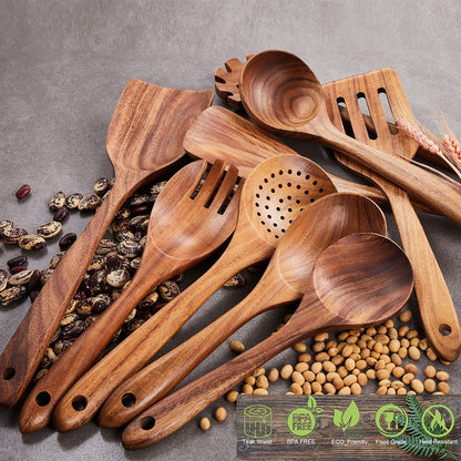 Wooden Kitchen Utensils Set,GUDAMAYE 9 PCE Natural Teak Wooden Spoons For Non-stick Pan for Cooking,