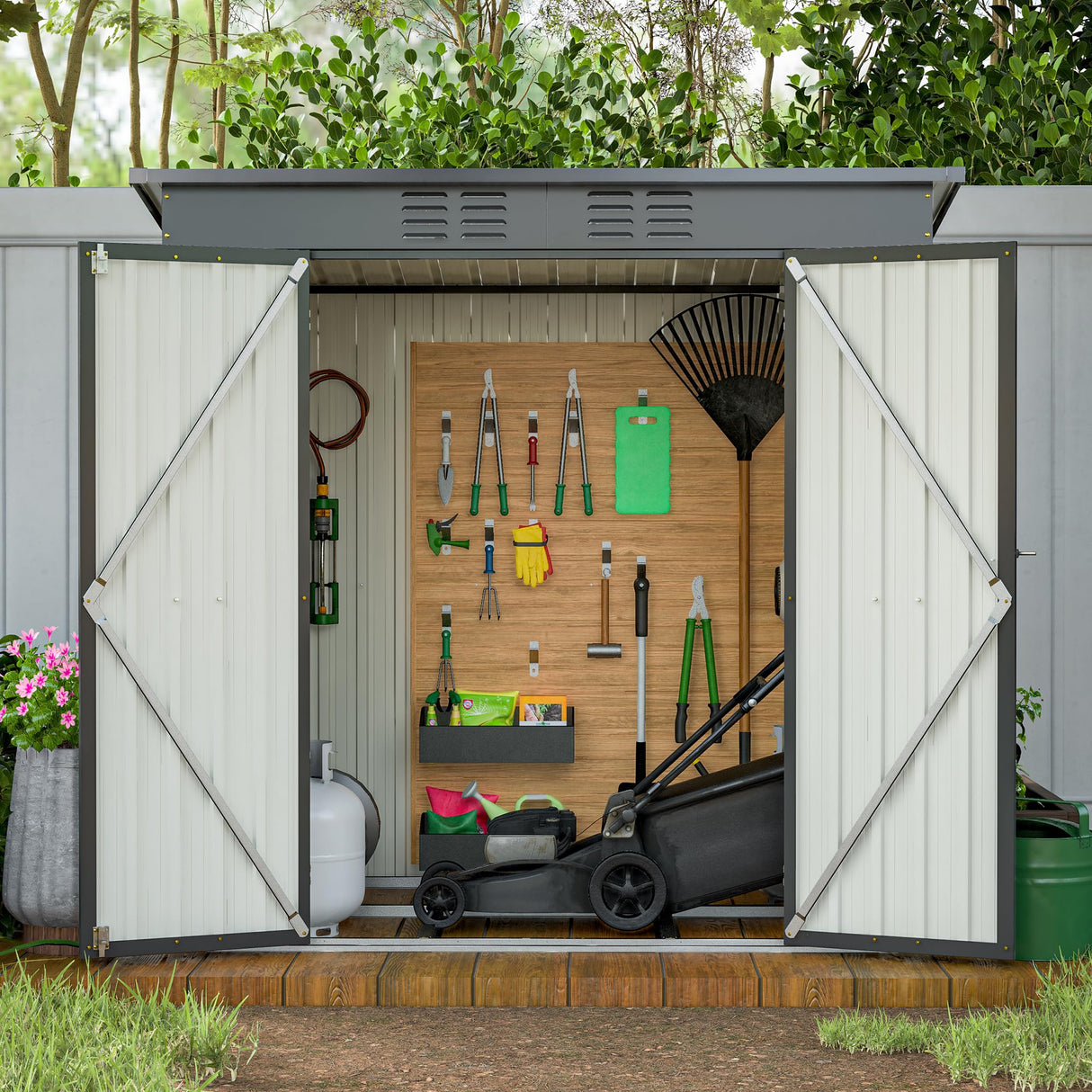 Jintop 6x4 FT Galvanized Steel Garden Sheds with Ventilation and Sloped Roof, Metal Storage Locker Includes A Lock,Key & Hinged Doors,2 Pairs of Gloves,for Tool,Equipment,Black Jintop