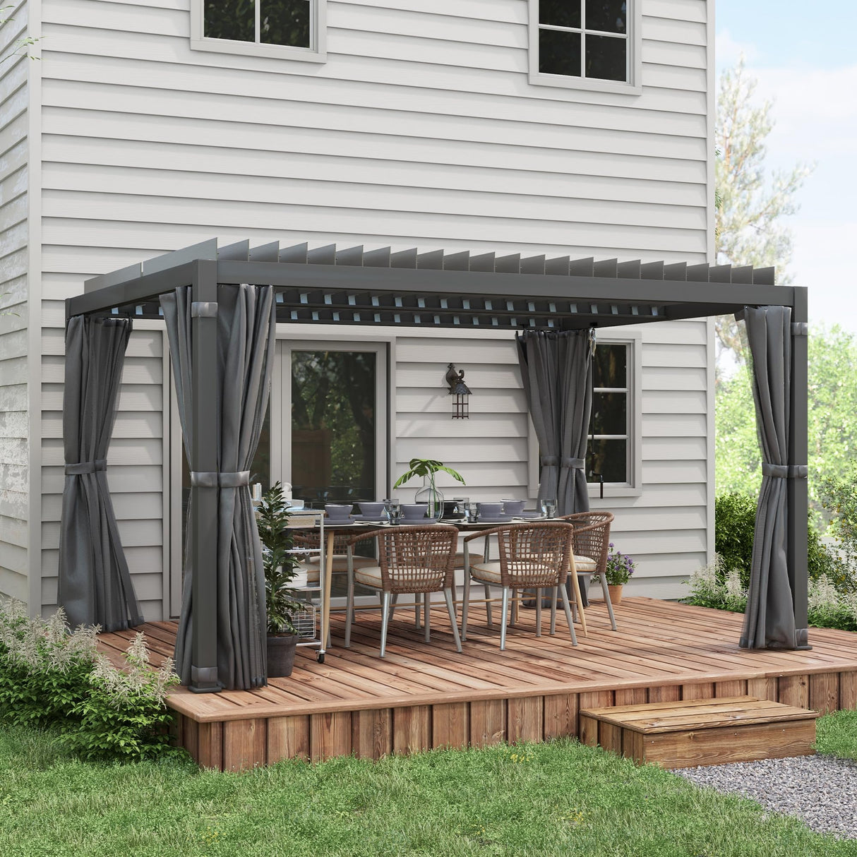 Outsunny 10' x 13' Louvered Pergola Hardtop Gazebo with Adjustable Aluminum Roof and Frame, Outdoor Pergola with Curtains and Netting, for Garden, Lawn, Backyard, and Deck, Dark Gray Outsunny