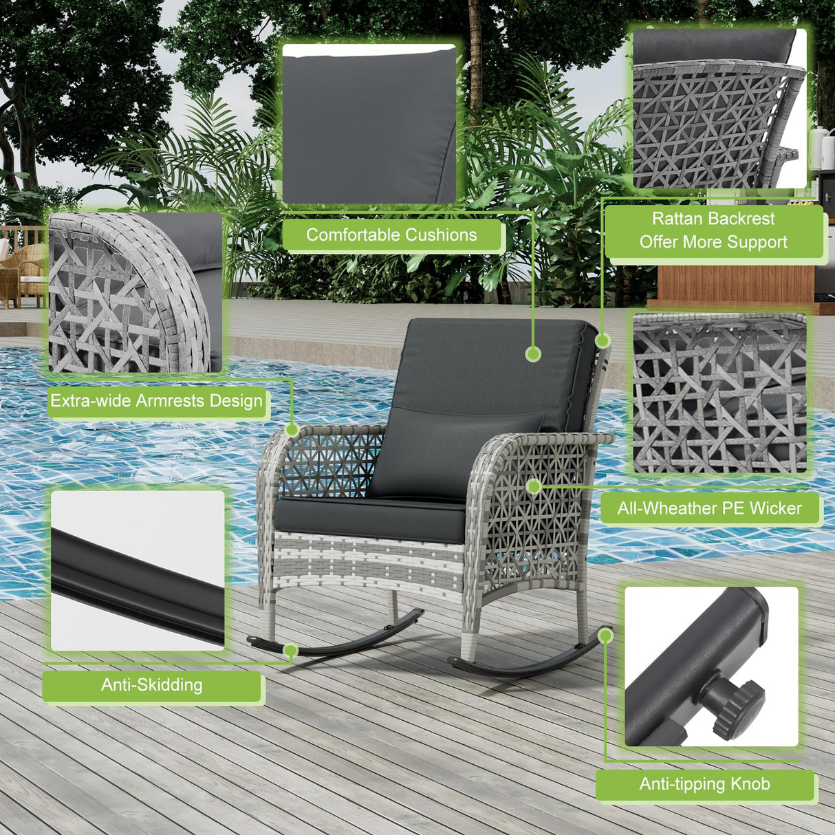 BALDPER 6-Piece Gray Wicker Patio Rocking Chairs Set, Rocking Wicker Bistro Set, Outdoor Furniture Conversation Set with Porch Chairs and Glass Coffee Table, Slate Grey BALDPER