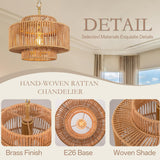 Bagood 12.4" Rattan Chandelier 1 Light Woven Rattan Pendant Light Boho Wicker Pendant Lighting Fixture Farmhouse Chandelier Light Fixture 3-Tier Drum Wicker Rattan Golden Chandelier for Dining Room Bagood
