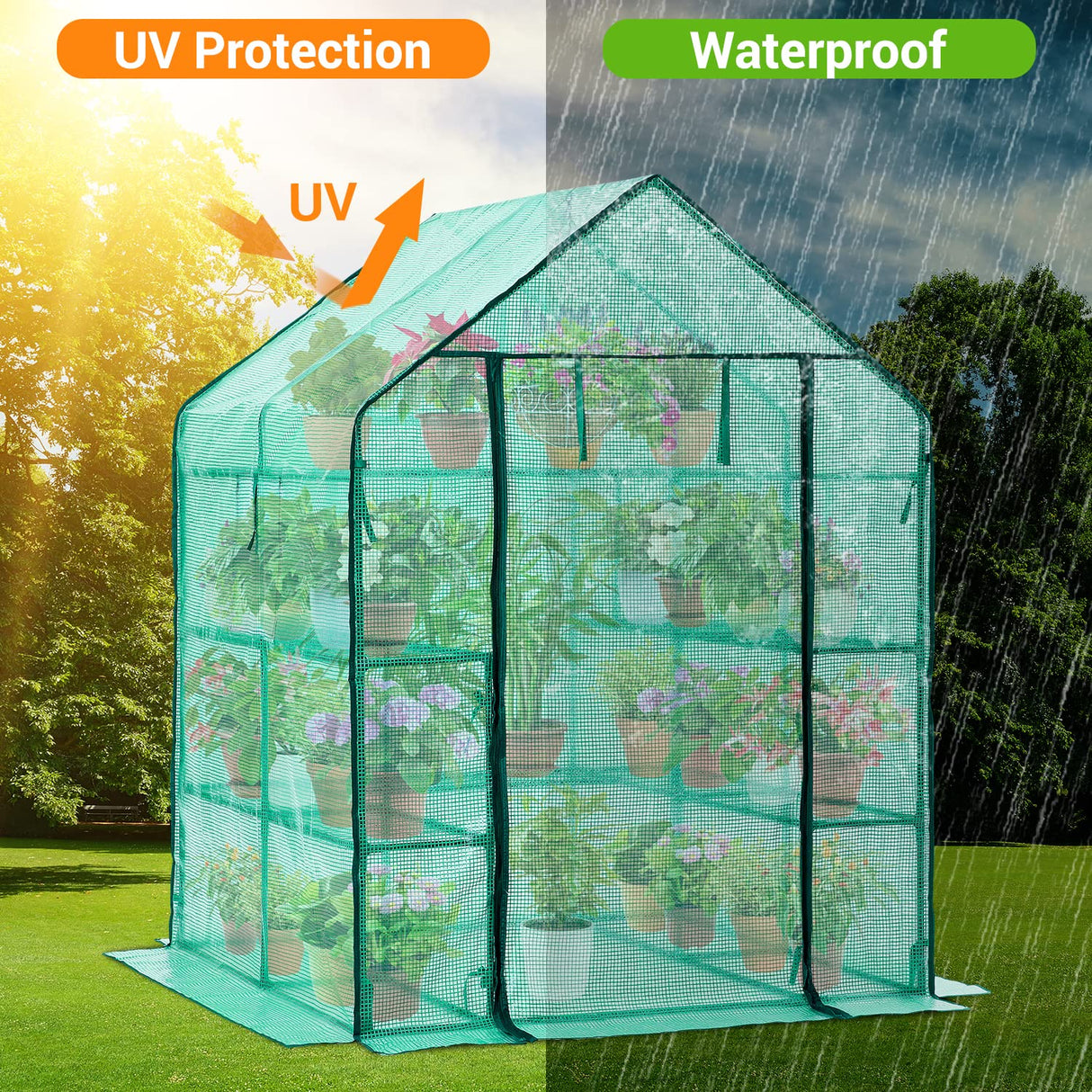 Greenhouse for Outdoors with Screen Windows, Ohuhu Upgraded 4 Tiers 11 Shelves Walk-in Greenhouses with Durable PE Cover, Outside Garden Plastic Green House with Ground Pegs & Ropes for Stability Ohuhu