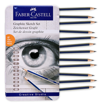 Faber-Castell Graphite Pencils Drawing Set: 12 Art Pencils for Sketching (4H, 3H, 2H, H, F, HB, B, 2B, 3B, 4B, 5B, and 6B), Shading Pencils for Drawing and Sketching, Graphite Pencil Kit