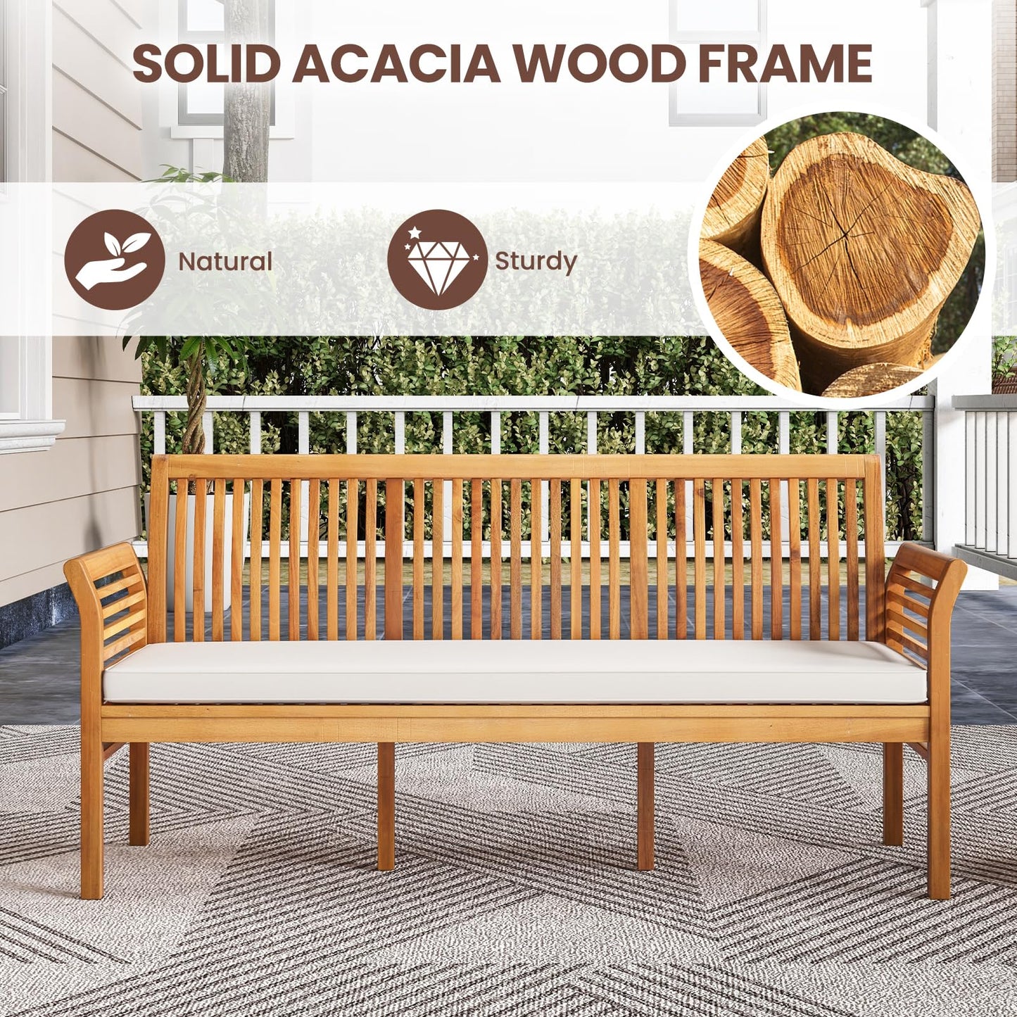 RELAX4LIFE 62.5’’ Outdoor Bench Acacia Wood - 3-Person Patio Bench w/Backrest, Armrests & Removable Seat Cushion, Slatted Wooden Garden Bench for Front Porch Park Backyard, 1200 LBS Weight Ca - WoodArtSupply