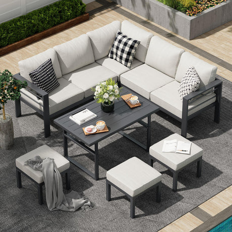 AECOJOY Aluminum Patio Furniture Set, Modern Metal Outdoor Patio Furniture Clearance, Outdoor Conversation Table and Chair Sets for Lawn, Backyard, and Deck with Light Grey Cushions AECOJOY