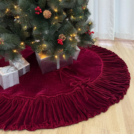 72-Inch Ruffled Velvet Christmas Tree Skirt, Thick Foam-Lined Heavy Duty Fabric with Plush Lace Ties, Wine Red Starry Dynamo