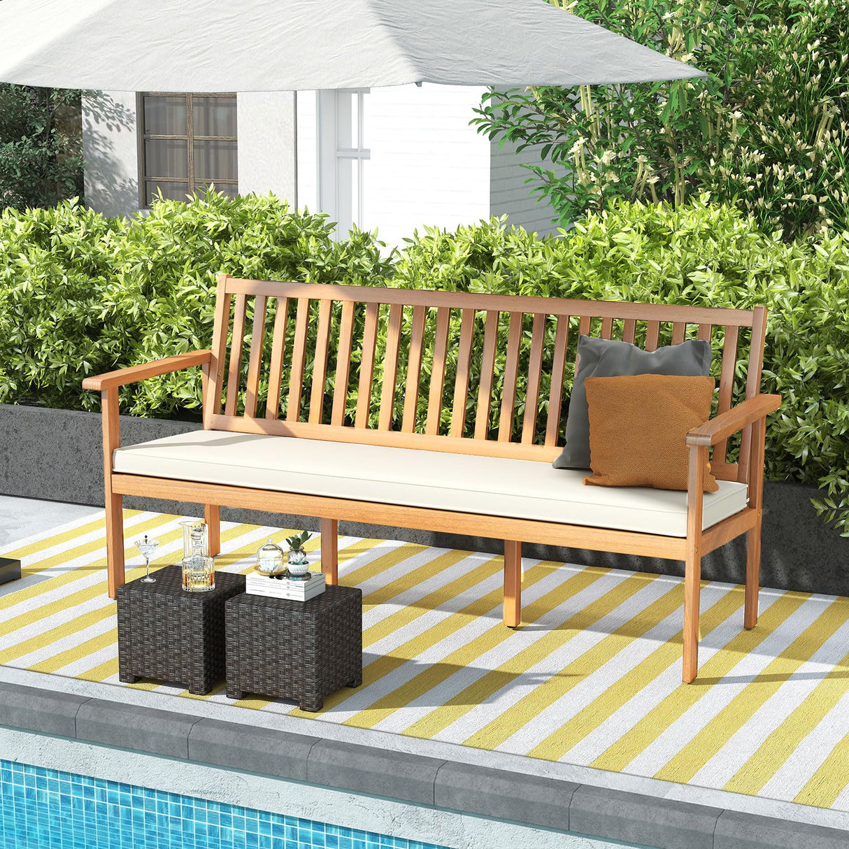 RELAX4LIFE 64’’ Outdoor Bench Acacia Wood - 3-Person Patio Bench w/Slatted Backrest, Armrests & Removable Seat Cushion, Wooden Front Porch Garden Bench for Poolside Balcony Backyard, 1200 LBS Capacity RELAX4LIFE