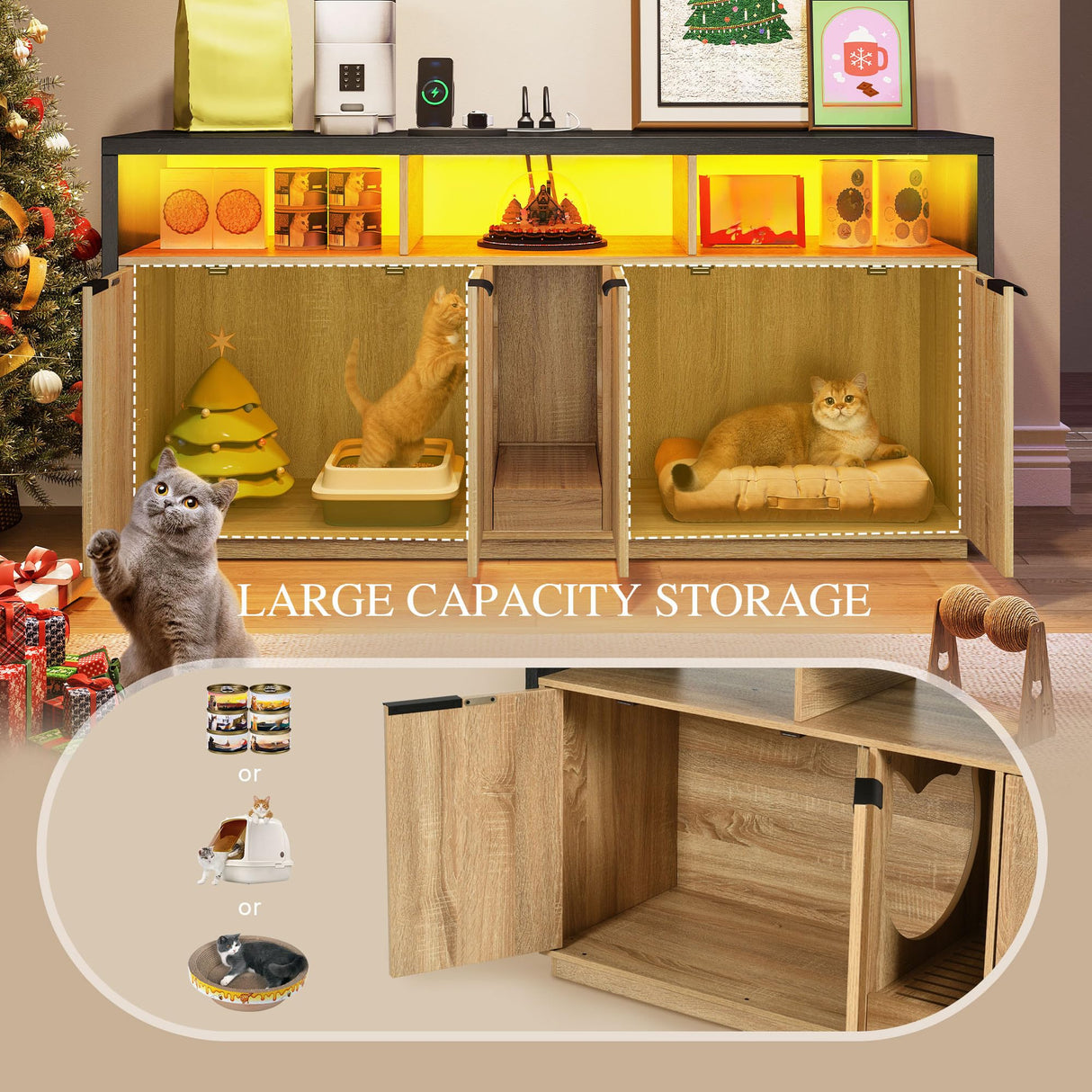 DWVO Cat Litter Box Enclosure for 2 Cats, Litter Box Furniture Hidden with Power Outlet & LED Light, Wooden Cat Cabinet TV Stand Furniture w Double Rooms for Indoor Cats, 59" L x15.7 W x27.5 H, Oak DWVO