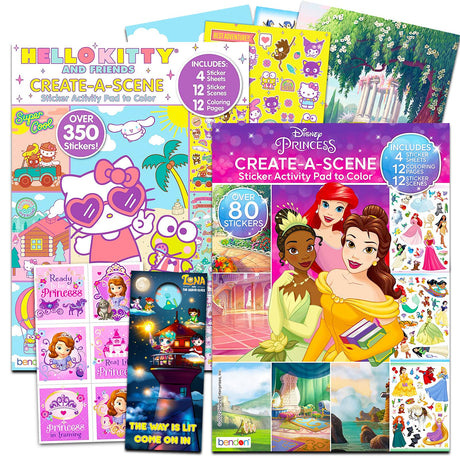 Create a Scene Sticker Activity Books for Girls - Bundle with 2 Sticker Pads with 400+ Stickers Featuring Disney Princesses and Hello Kitty Plus Bonus Coloring Pages, More | Sticker Books for Girls Disney