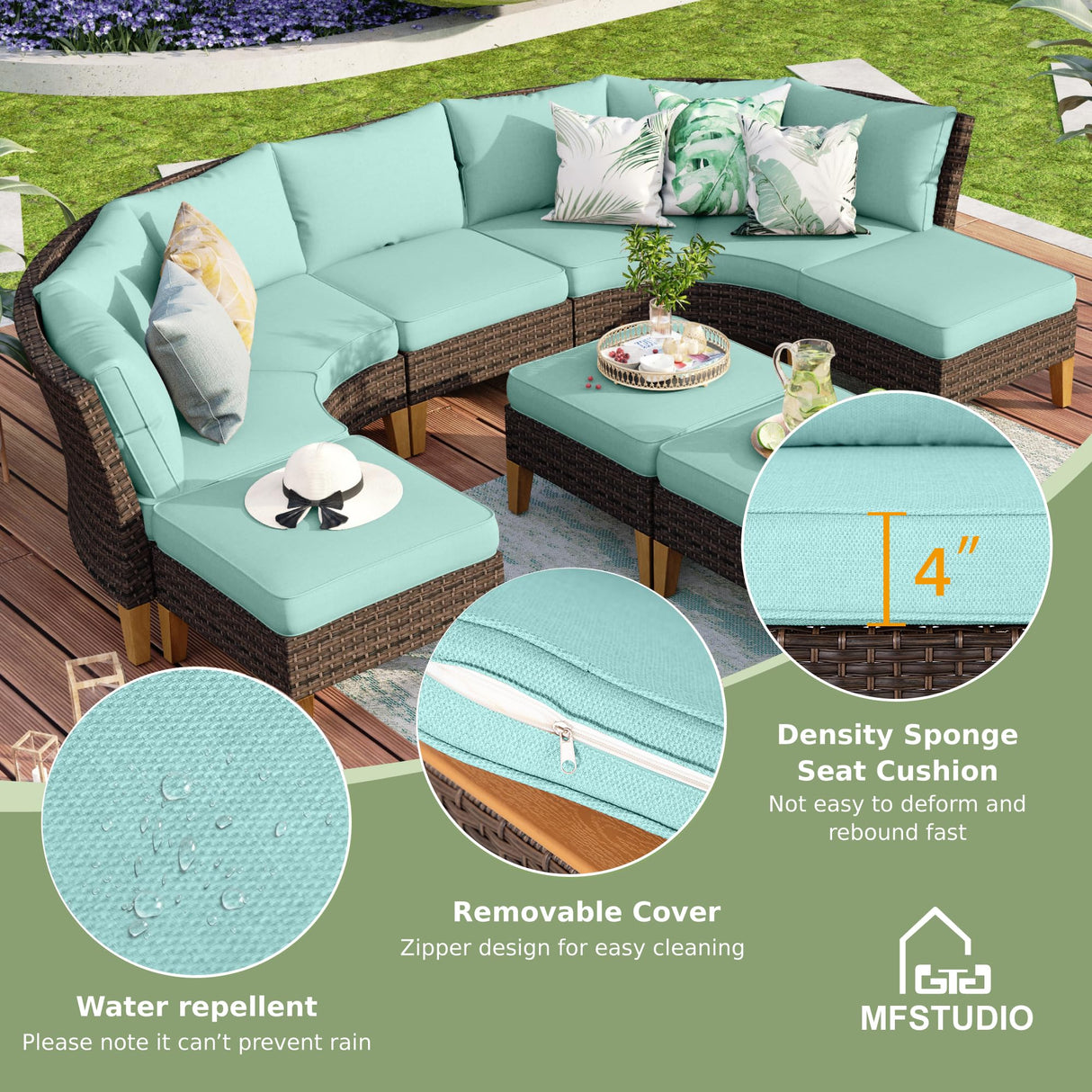 MFSTUDIO 11 Piece Extra Large Wicker Patio Furniture Set, All-Weather PE Rattan Half-Moon Curved Outdoor Sectional Sofa, Patio Conversation Set with 56" Fire Pit Table for Backyard(Aqua Blue Cushion) MFSTUDIO