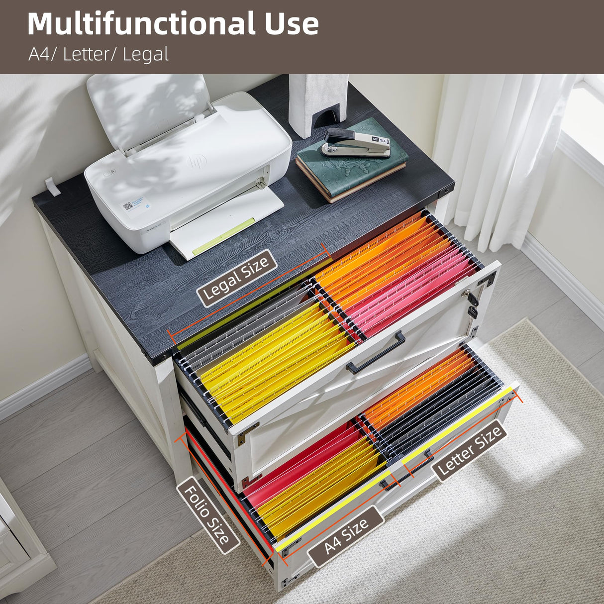 JXQTLINGMU 2 Drawer Farmhouse File Cabinet, Lateral Filing Cabinet with Lock for Home Office, Compatible Legal Letter A4 F4 Size, White JXQTLINGMU