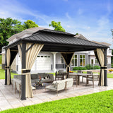 UDPATIO 12' x 16' Hardtop Gazebo, Outdoor Aluminum Gazebo with Galvanized Steel Double Roof, Permanent Metal Canopy with Curtains and Netting for Patio, Garden, Lawn, Backyard, Deck, Beige UDPATIO