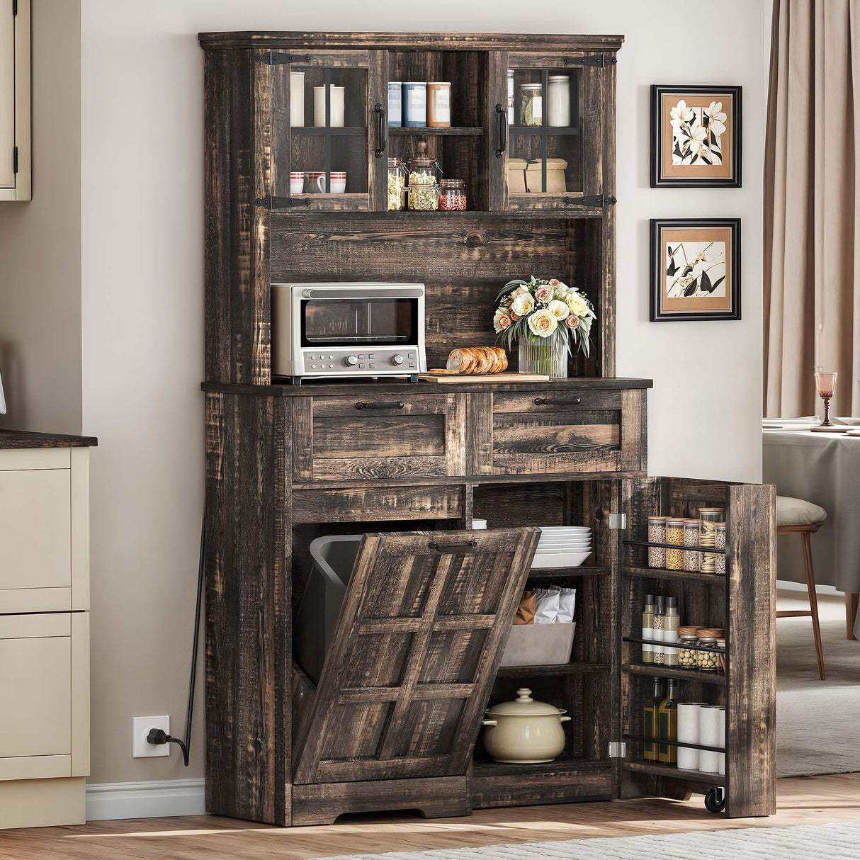 DWVO Kitchen Pantry Storage Cabinet with Tilt-Out Trash Can Fit 10 Gallon, Tall Farmhouse Kitchen Hutch Cabinets with Charging Station & Microwave Stand for Home Living Dining Room, Dark Rustic Oak DWVO