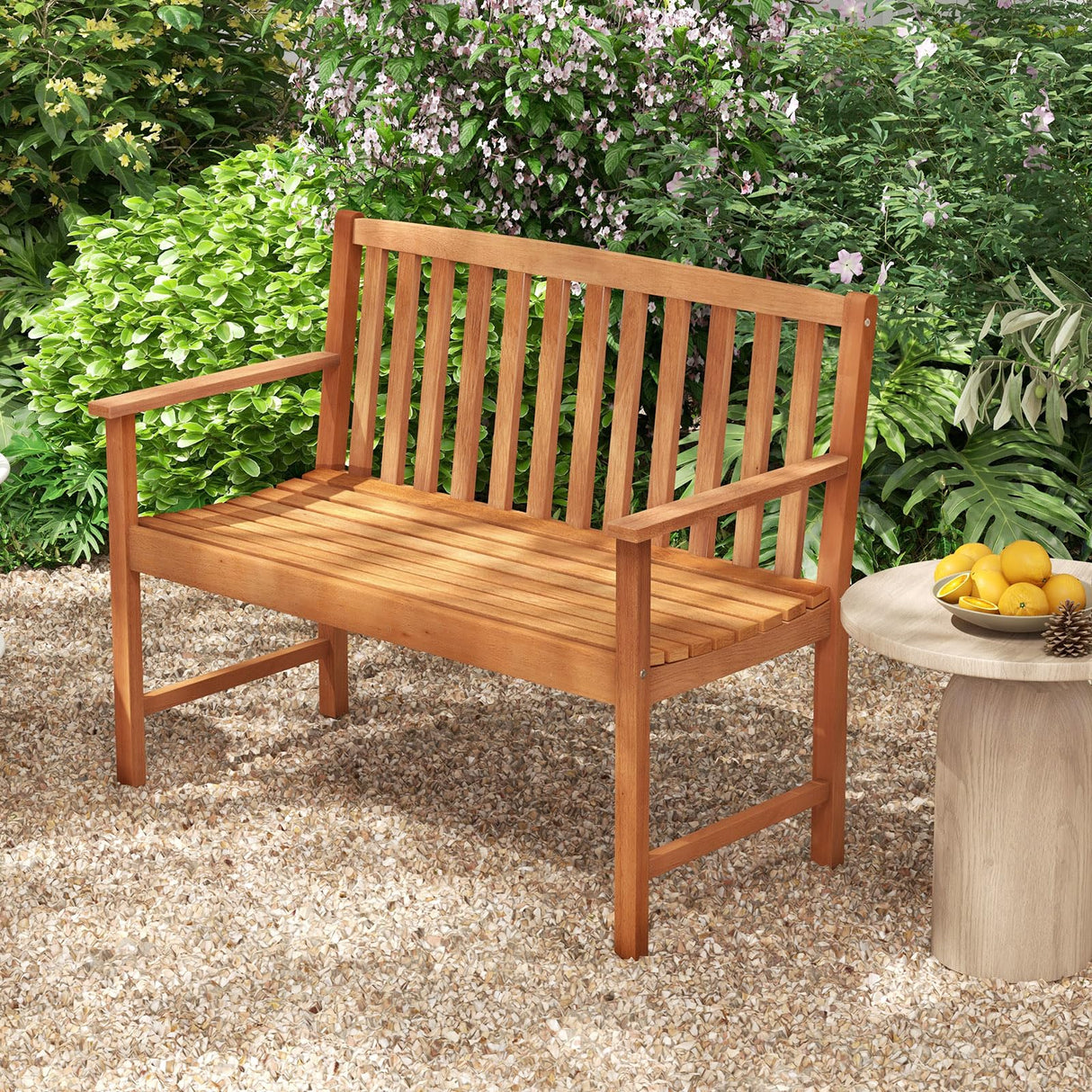 Tangkula 2-Person Eucalyptus Outdoor Garden Bench with Backrest and Armrests, Natural Finish Tangkula