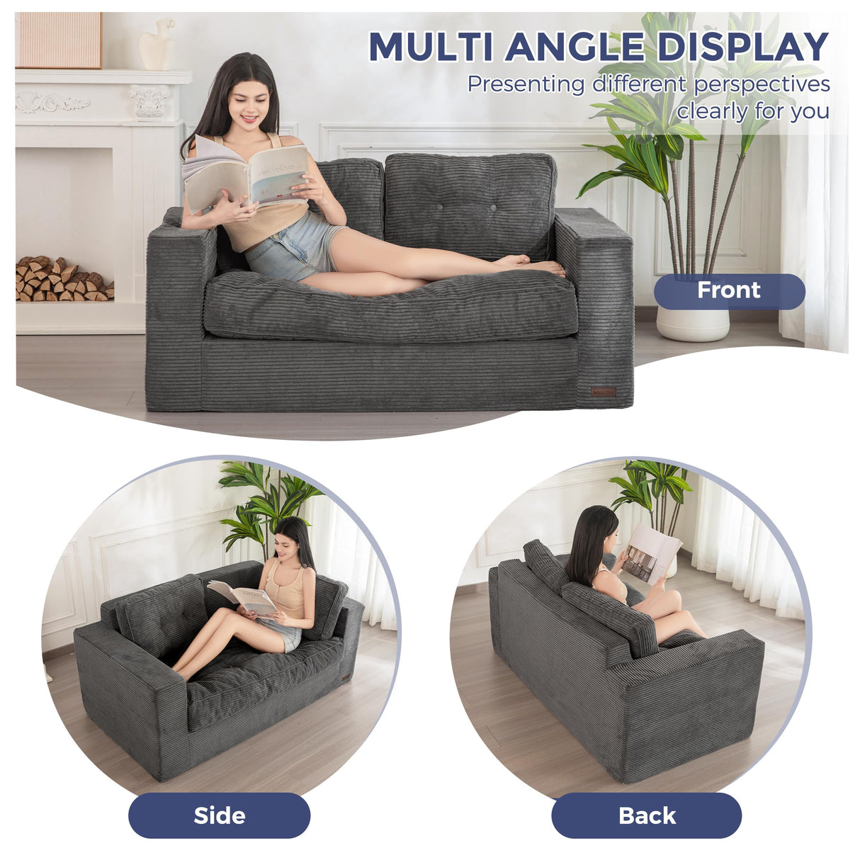 MAXYOYO Bean Bag Chair for Adults, Upholstered Floor Sofa with Armrests, Loveseat Boneless Couch with Tufted Cushion & Backrest, Sofa in A Box, Large Bean Bag Couch for Bedroom Living Room, Dark Grey MAXYOYO