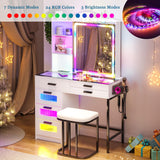 WOOVIVS RGB Vanity Desk with Sliding Mirror and Lights, LED Makeup Vanity with Charging Station/Motion Sensor Light, Glass Top Vanities Dressing Table Set with Jewelry Box,6 Drawers,Stool (White) WOOVIVS