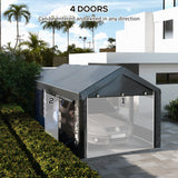 Outsunny Carport 10' x 20' Portable Garage, Height Adjustable Heavy Duty Car Port Canopy with 4 Ventilated Windows & 4 Roll-up Doors for Garden Tools, Car, Truck, Boat, Dark Gray Outsunny