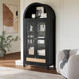 CHYMSUN 71” Tall Arched Kitchen Pantry Cabinet, Modern Farmhouse Hutch Storage Cabinets with Large Drawer and Glass Doors for Kitchen, Dining Room, Living Room, Black CHYMSUN
