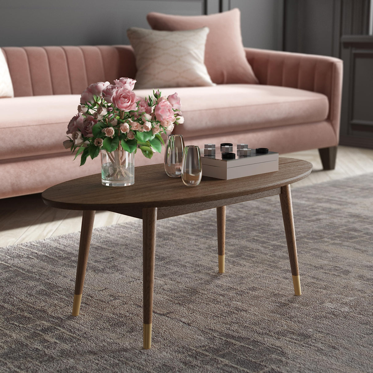 Elle Decor Clemintine Mid-Century Modern Living Room Furniture Collection, Oval Coffee Table, Walnut Brown Elle Decor