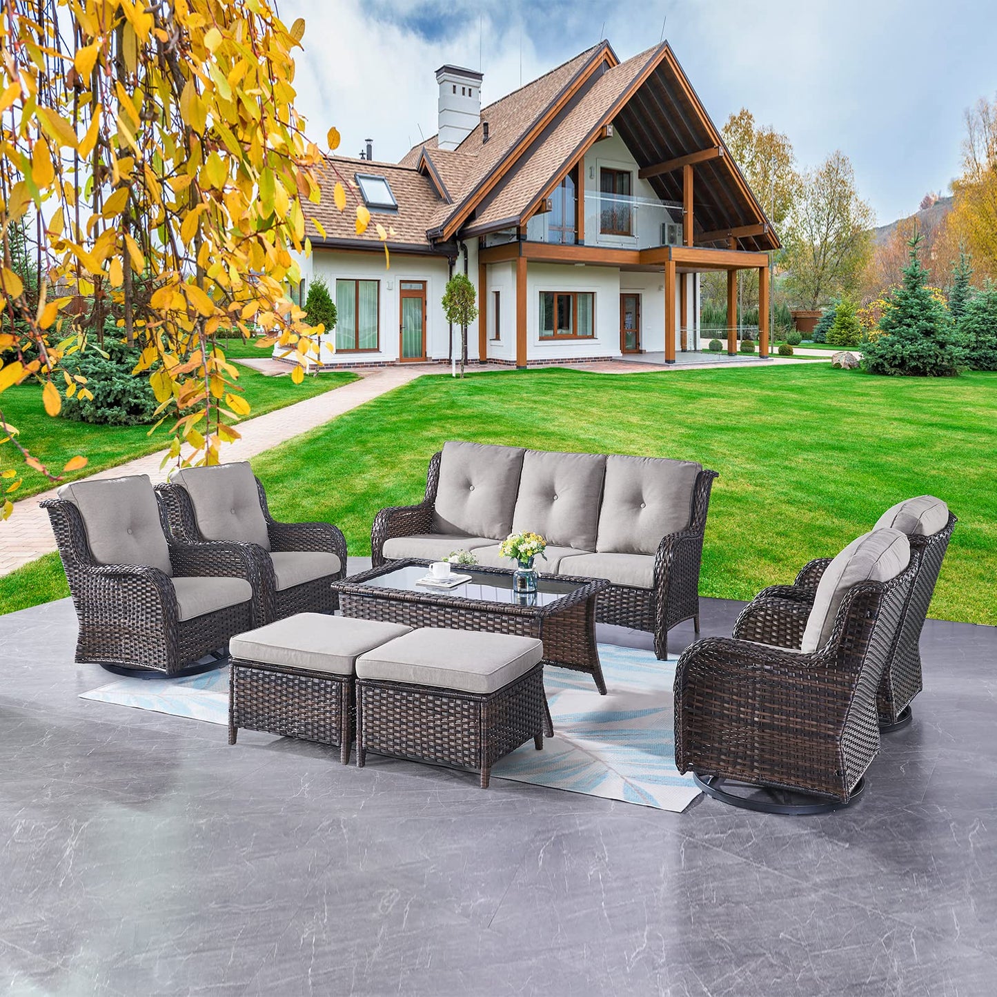 Rilyson Wicker Patio Furniture Set - 8 Piece Rattan Outdoor Sectional Conversation Sets with 4 Swivel Rocking Chairs,2 Ottomans,1 Sofa and 1 Coffee Table for Porch Deck Garden(Brown/Grey)