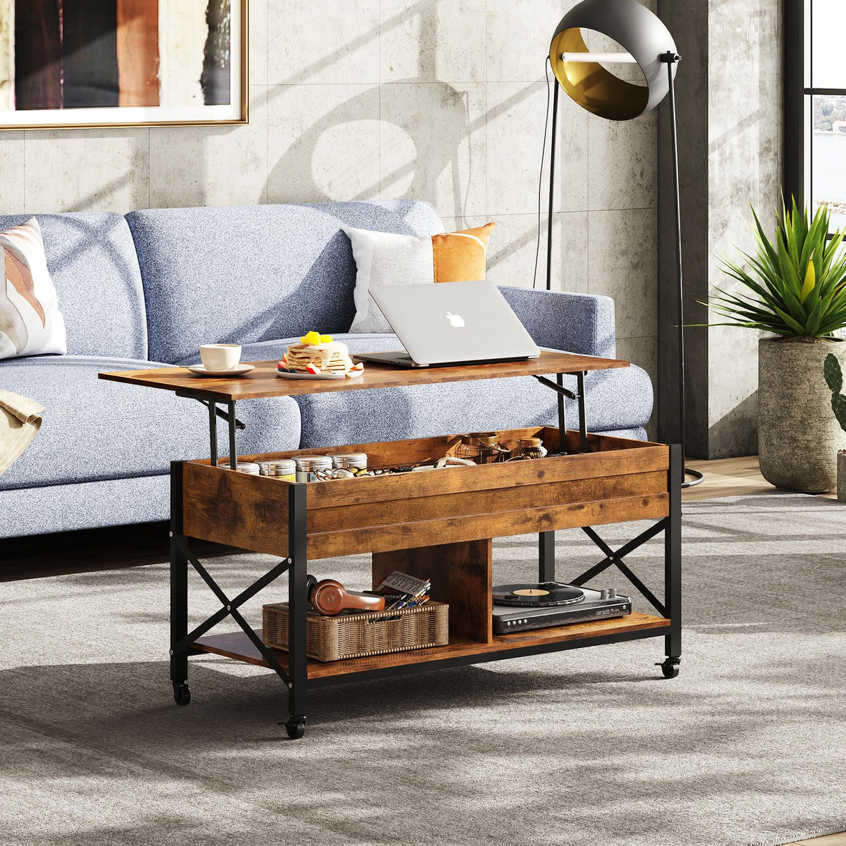 WLIVE Lift Top Coffee Table for Living Room, Coffee Table with Storage, Hidden Compartment and Metal Frame, Central Table with 4 Casters for Reception Room, Rustic Brown WLIVE