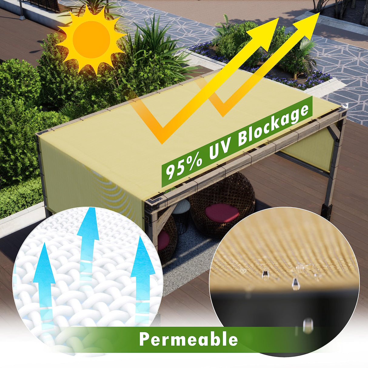 ColourTree 10' W x 20' L Beige Pergola Sun Shade Canopy Replacement Cover, Commercial Grade 260 GSM Cloth for Outdoor Patio, Includes Stainless Steel Weighted Rods (We Make Custom Size) ColourTree