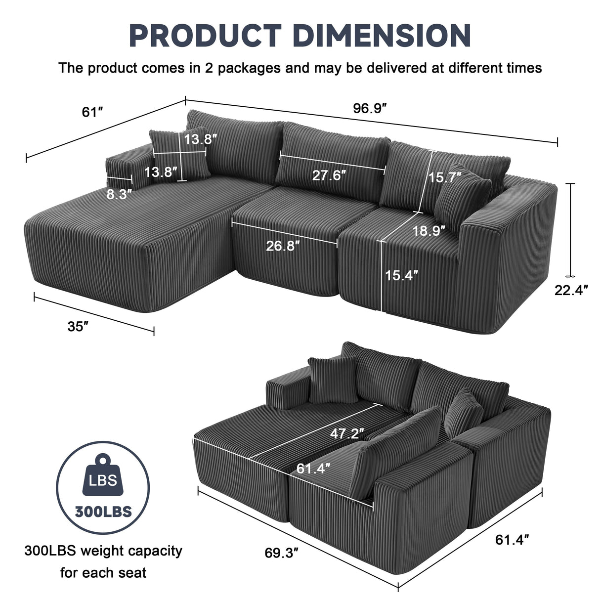 97" Boneless Couches for Living Room, Cloud Couch Sectional with Deep Seat, Comfy Couch with L-Shaped Chaise, Minimalist Upholstered Modular Sectional Sofa, No Assembly Required (Corduroy,Grey) Huatean Home