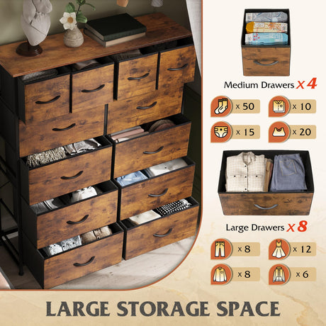 WLIVE Tall Dresser for Bedroom with 12 Drawers, Dressers & Chests of Drawers, Fabric Dressers for Closet, Storage Dresser Organizer with Steel Frame, Wood Top, Rustic Brown Wood Grain Print WLIVE