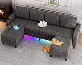 HYZQ Sectional Couches for Living Room, 4 Seat Linen Sectional Sofa with Reversible Chaise Lounge/Storage Ottoman, U Shaped Couch with Smart Module-Wireless Charging/USB/Type-C/RGB Light (Dark Grey) HYZQ