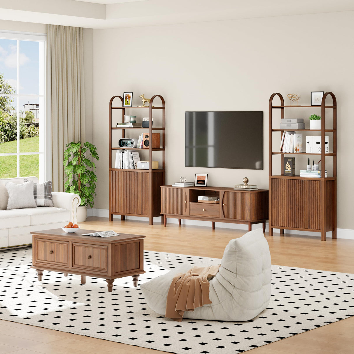 71” Tall Arched Bookshelf Storage with Fluted Doors, Mid Century Modern 6 Tier Bookshelves, Freestanding Bookcase Cabinet with Open Display Storage Shelf for Living Room Home Office Bedroom, Walnut XUZENEST