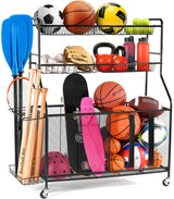 HOME IT Garage Sports Equipment Organizer - Garage Ball Storage Rack Organizer Holder with Baskets, Rolling Wheels & Breaks - Large Capacity Heavy Duty Steel Ball Storage Cart HOME IT