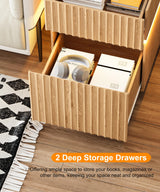 Irontar Fluted Nightstand with 2 Drawers & RGB LED Lights, Wooden Night Stand with Glass Top, Bedside Table with Charging Station, Modern End Side Table for Bedroom, Natural Oak BZZ012ME Irontar