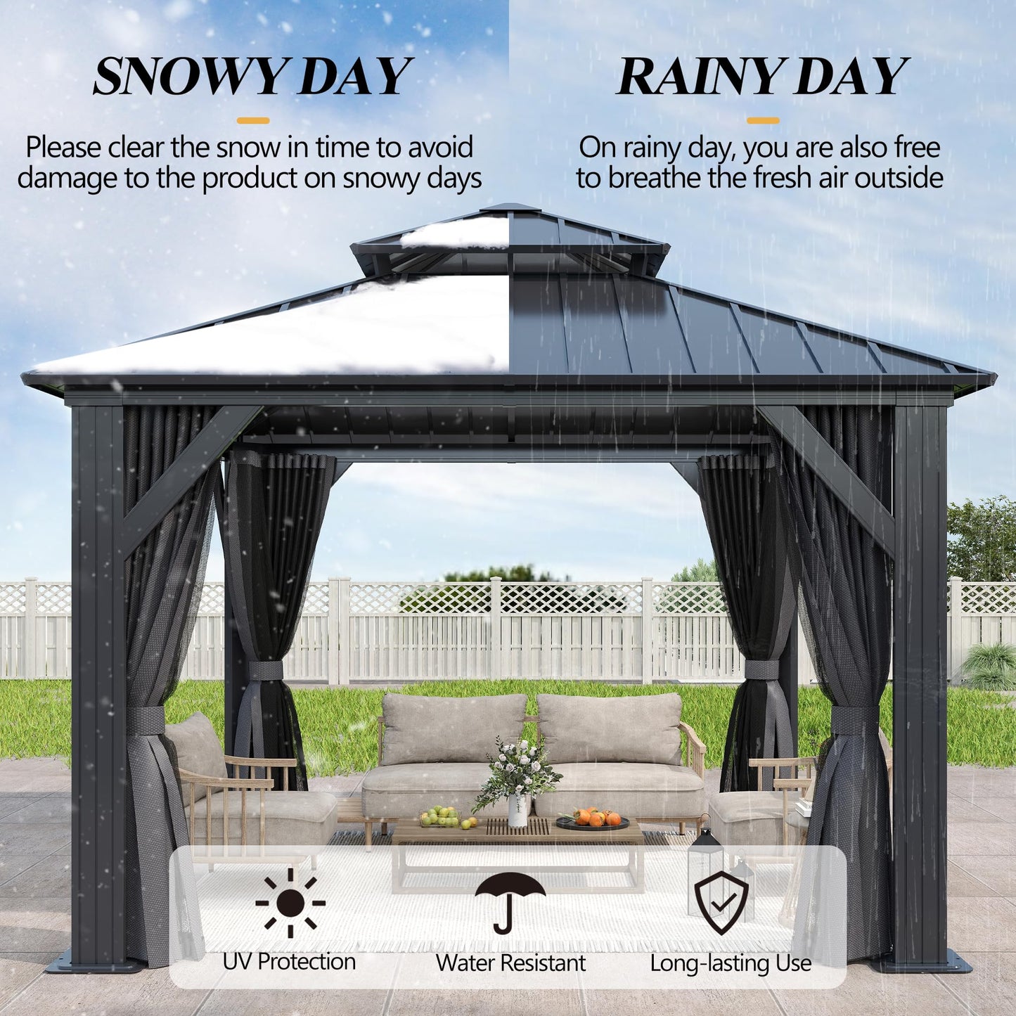 GARTOO 10x10FT Outdoor Hardtop Gazebo with Double Roof - Heavy-Duty Galvanized Steel Top Aluminum Frame Gazebo with Breathable Netting & Privacy Curtain for Patio, Porch, Garden, Lawn, Deck,  - WoodArtSupply