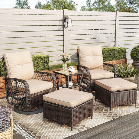 Jolydale 5 Pieces Patio Furniture Set Outdoor Wicker Rattan Swivel Gliders Rocker Patio Bistro Set with Rocking Chairs and Side Table for Deck, Backyard, and Porch, Beige Jolydale
