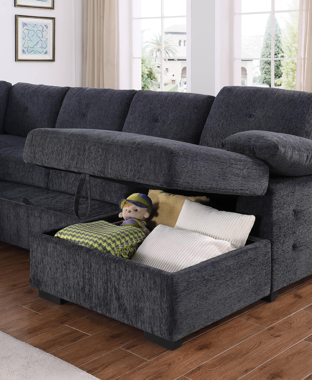 FANYE U-Shaped Pull Out Sleep Sofabed, Modern Sleeper Sectional Sofa Couch Chenille Upholstered Button Tufted Decor with Storage Chaise and 2 Pillows for Living Room Furniture Sets FANYE