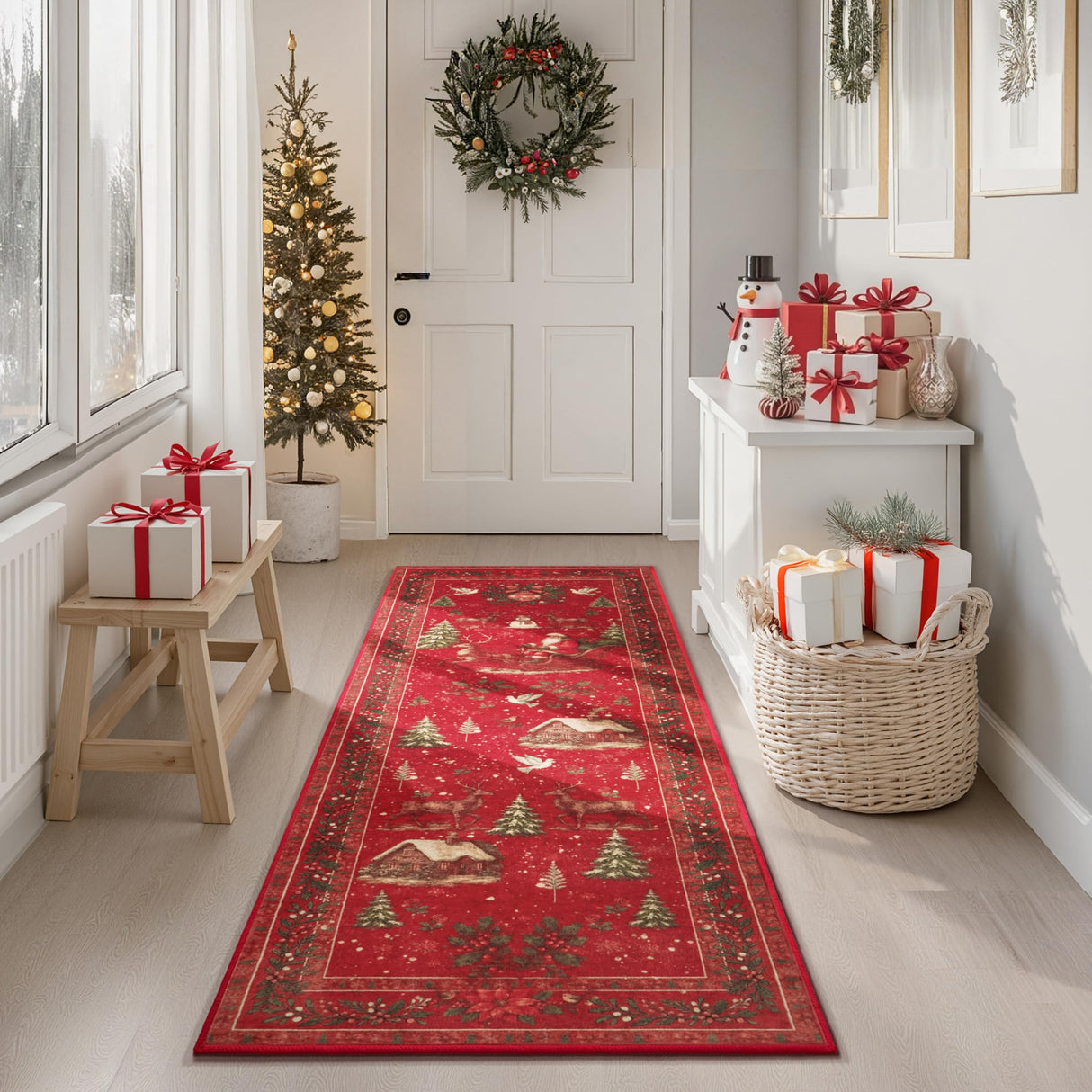 Joiedomi Christmas Hallway Runner Rug Washable 2'x8' Non Slip Kitchen Rug with Rubber Backing Soft Christmas Tree Santa Claus Floor Carpet Runners for Entryway Laundry Bedroom Bathroom Indoor (Red) Joiedomi