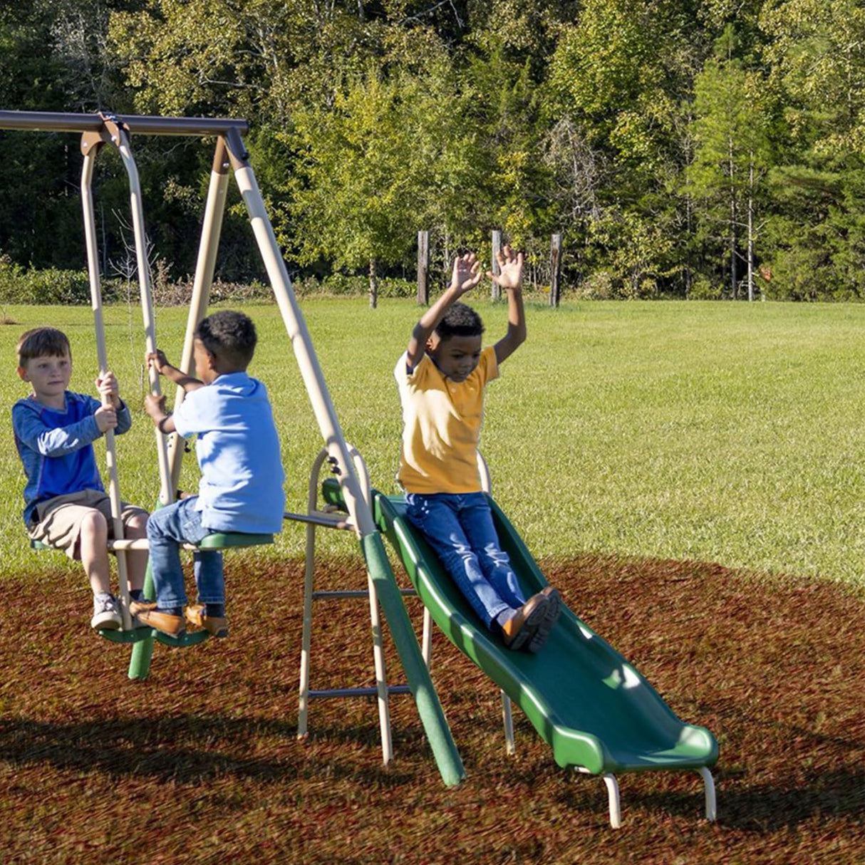 XDP Recreation Crestview Outdoor Play Kids Metal Backyard Playset Swing Set with 2 Swings, Slide, Stand N Swing, Fun Glider, and See Saw, Green/Tan XDP RECREATION