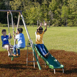 XDP Recreation Crestview Outdoor Play Kids Metal Backyard Playset Swing Set with 2 Swings, Slide, Stand N Swing, Fun Glider, and See Saw, Green/Tan XDP RECREATION