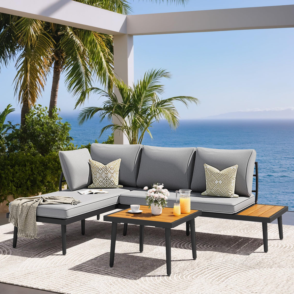 Greesum Outdoor Sectional Sofa Set L-Shaped Metal Patio Furniture with All-Weather Cushions and Built-in Side Coffee Table for Garden, Lawn, Backyard, Poolside, Gray Greesum