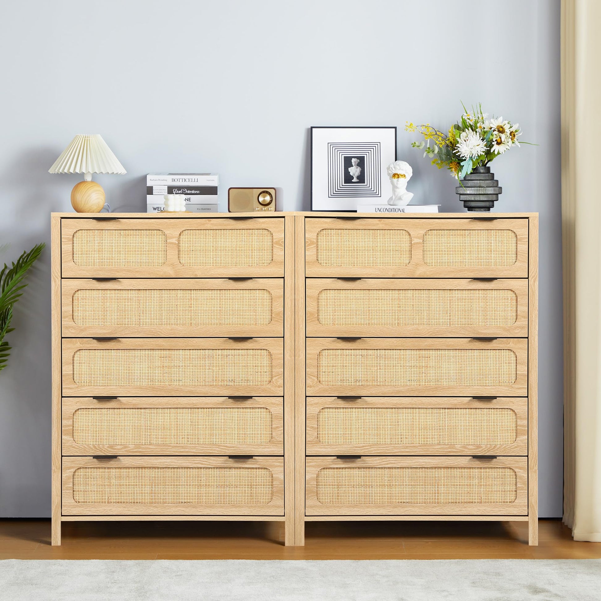 UHMUVFM 5 Drawer Dresser with Rattan Finish, Modern Farmhouse Chest of Drawers with Metal Handles, Accent Wood Storage Cabinet for Bedroom, Living Room and Kitchen (Natural- 2 Packs) - WoodArtSupply