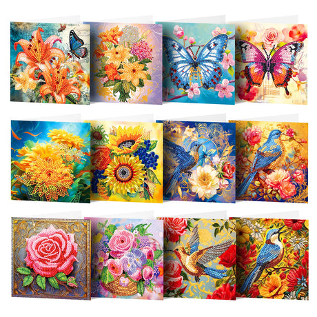 pigpigboss 12 Packs Flower Butterfly Diamond Painting Greeting Card Kit Bird Diamond Art Greeting Cards Special Shaped Diamond Painting Greeting Card Arts Crafts for Birthday Blessing and Wishes pigpigboss